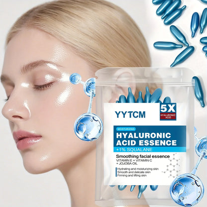 Zora Hyaluronic Acid Essence Capsules in clear glass bottle, showcasing skincare capsules for moisturizing and hydration.