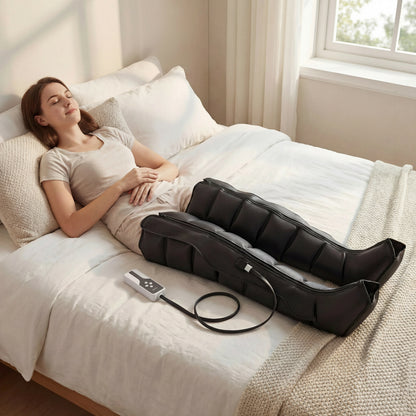 Zora Air Compression Leg Massager with adjustable sleeves and control panel for soothing foot and leg massage therapy.
