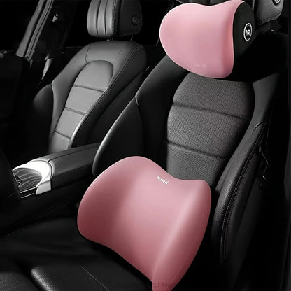 Zora Memory Foam Car Headrest and Lumbar Cushion set with adjustable straps for added comfort and support during drives.