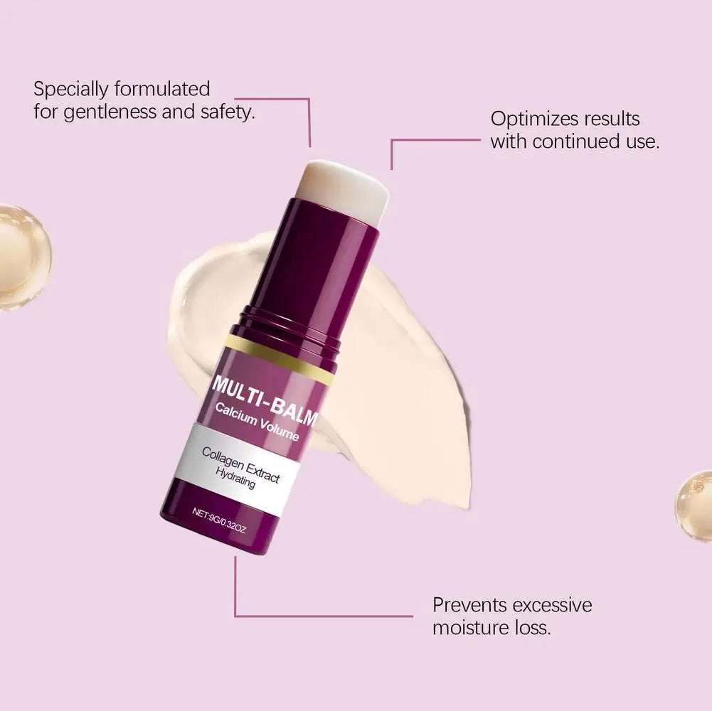 Zora Collagen Moisturizing Balm Stick for face, eye, and neck care, showing the portable skincare balm applied on skin