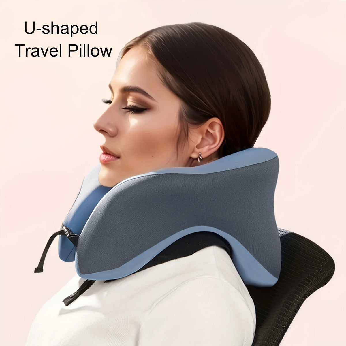 Zora U-Shaped Memory Foam Travel Pillow showing soft memory foam and supportive U-shape for neck comfort.