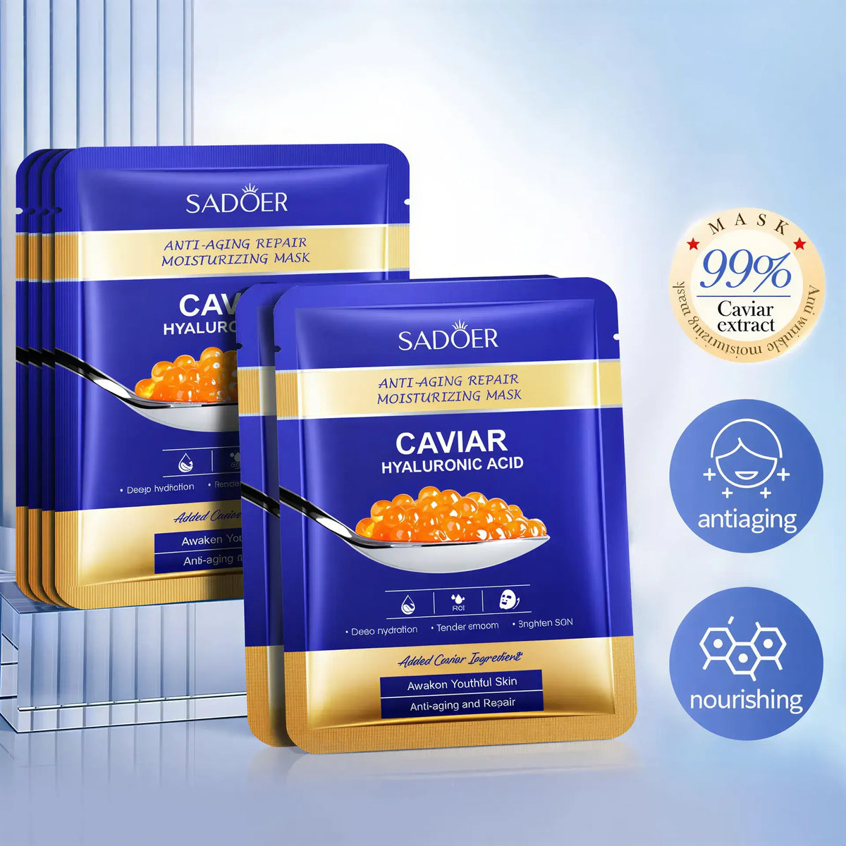 Zora SADOER Caviar and Hyaluronic Acid facial masks in a 5-pack, skincare face masks for hydration and rejuvenation.