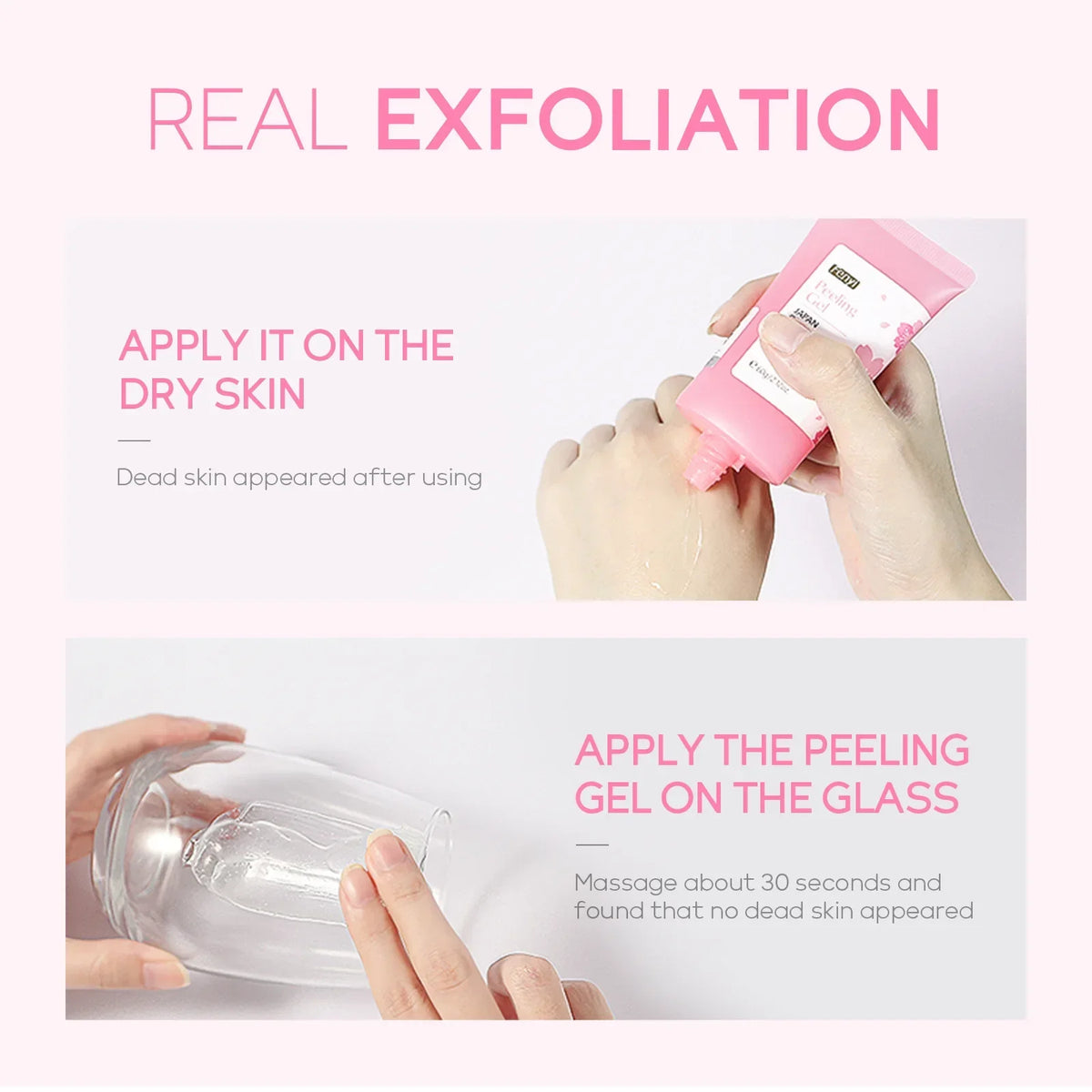 Zora Cherry Blossom Exfoliating Gel in a clear tube with cherry blossom illustrations, ready for gentle skin exfoliation