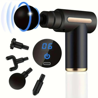 Zora Booster M2 percussion massage gun with ergonomic grip and multiple attachment heads for muscle relaxation and pain relief.