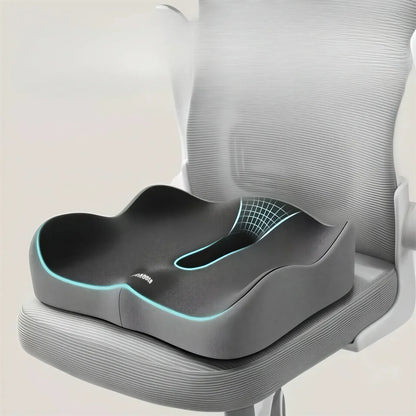 Zora 3D ergonomic memory foam seat cushion with contoured design for improved comfort and support while sitting.