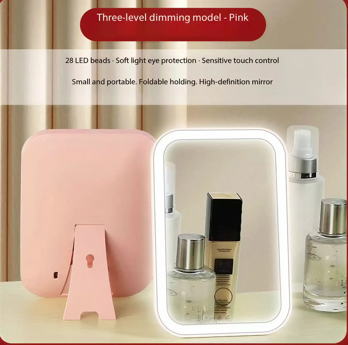Zora LED Touch Makeup Mirror with illuminated surface and sleek design, perfect for detailed makeup application.