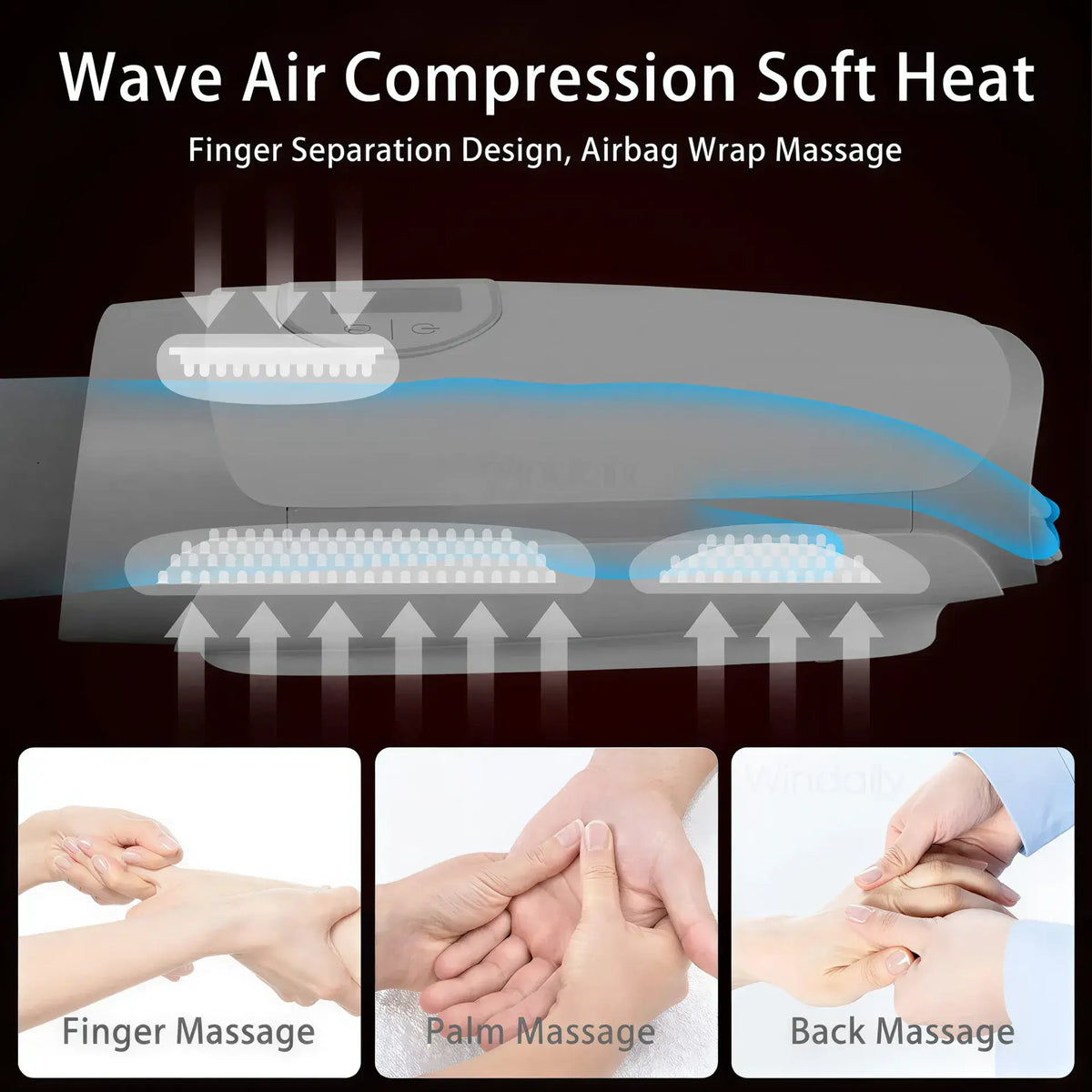 Zora hand massager with heat and air compression showing the device wrapped around a person's hand for soothing relief.