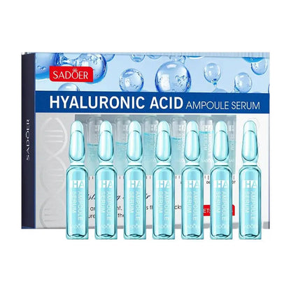 Zora Hyaluronic Acid Ampoule Serum vials for deep hydration, facial skincare essence, clear glass bottles with serum inside.