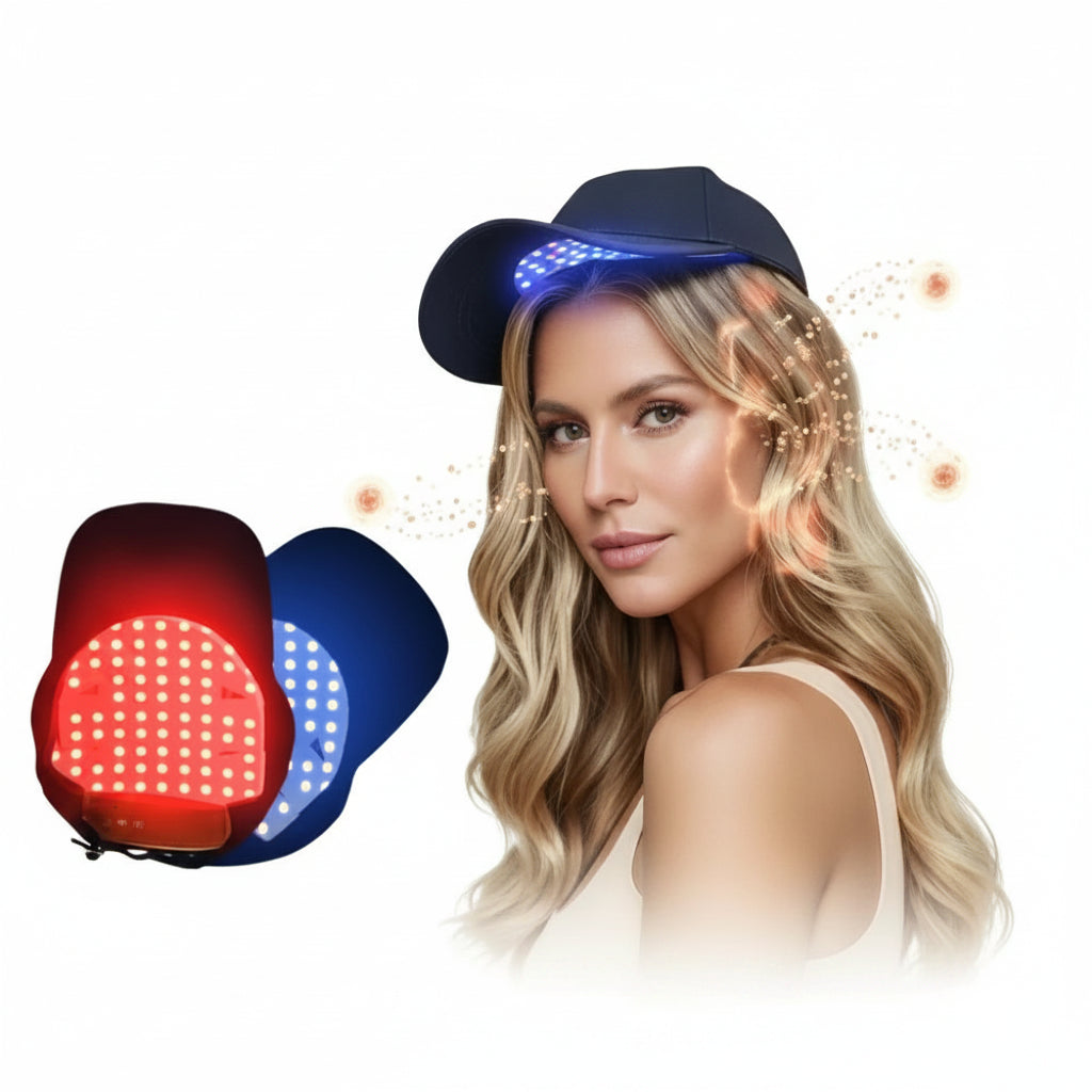 Zora Red Light Hair and Scalp Care Cap for light therapy treatment, featuring adjustable fit and soft fabric for scalp health.