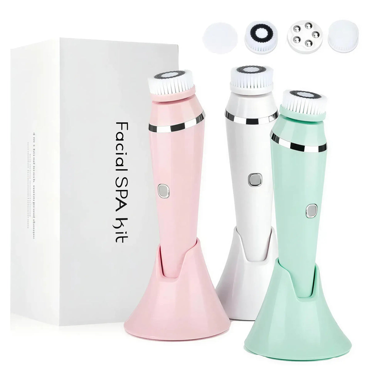 Zora 4-in-1 waterproof electric facial cleansing brush with soft bristles and ergonomic handle for smooth skincare routine.