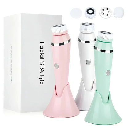 Zora 4-in-1 waterproof electric facial cleansing brush with soft bristles and ergonomic handle for smooth skincare routine.