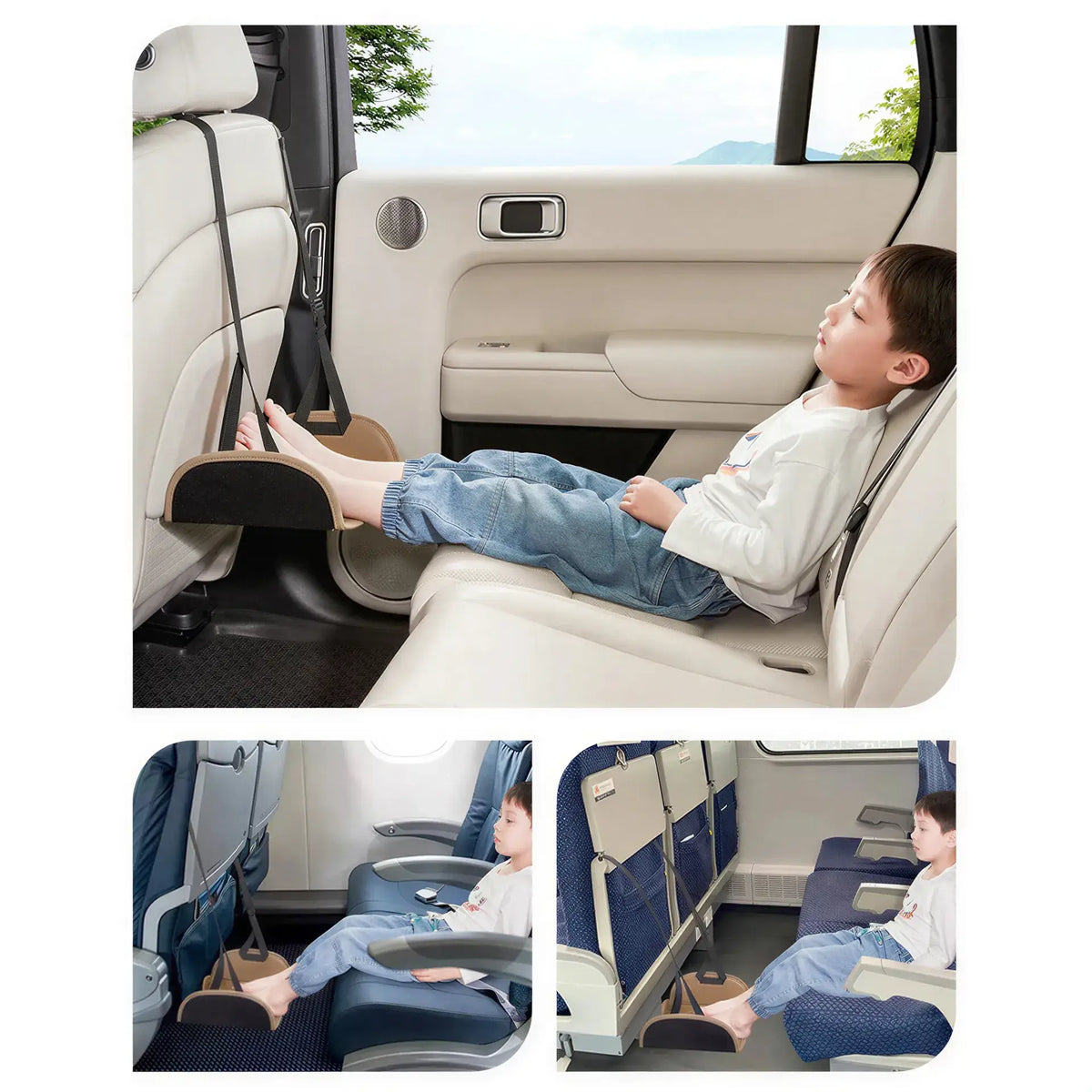 Zora adjustable car and travel foot hammock attached to car seats, providing comfort for passengers during travel.