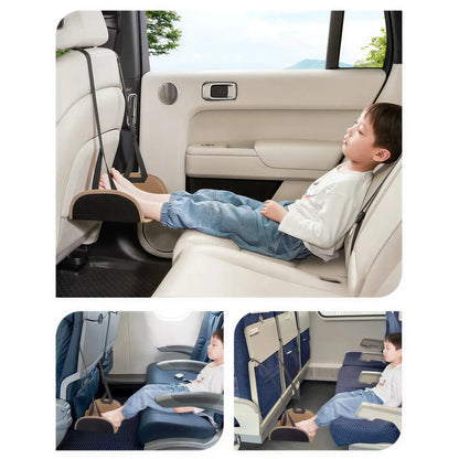 Zora adjustable car and travel foot hammock attached to car seats, providing comfort for passengers during travel.
