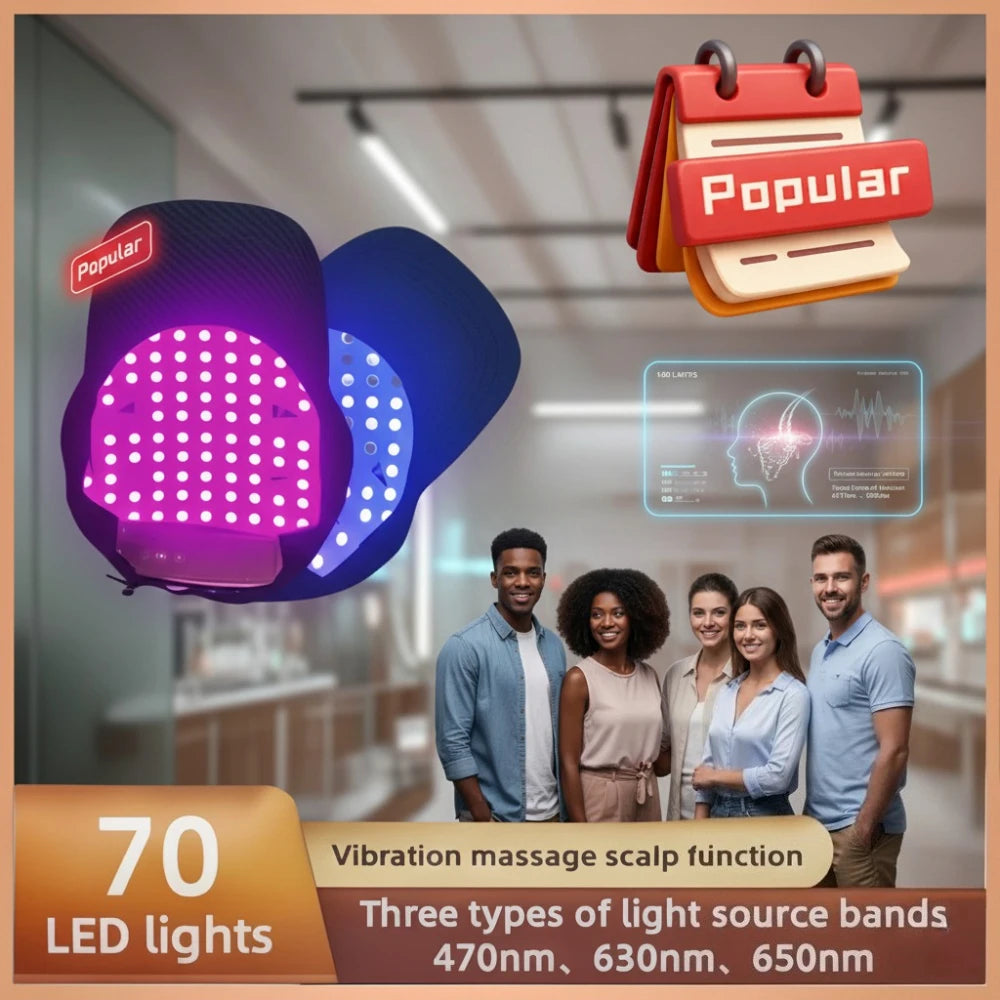 Zora Red Light Hair & Scalp Care Cap for light therapy, showing a close-up of the soft, adjustable red light therapy cap on a head.