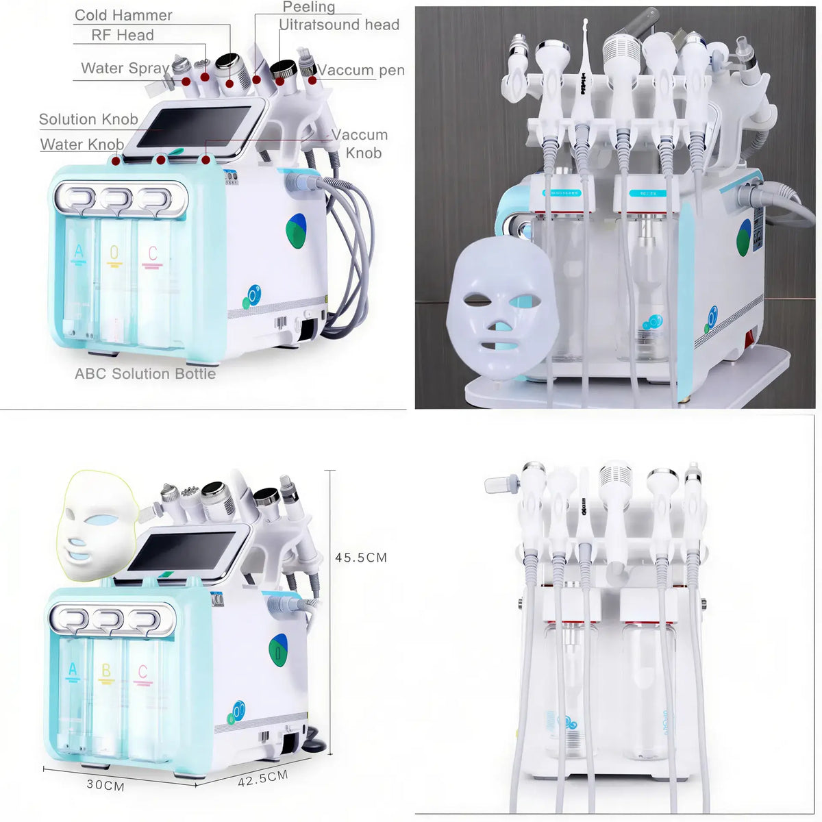 Zora 7-in-1 Hydro Facial Care System with multiple attachments for cleansing, exfoliating, and hydrating skin.