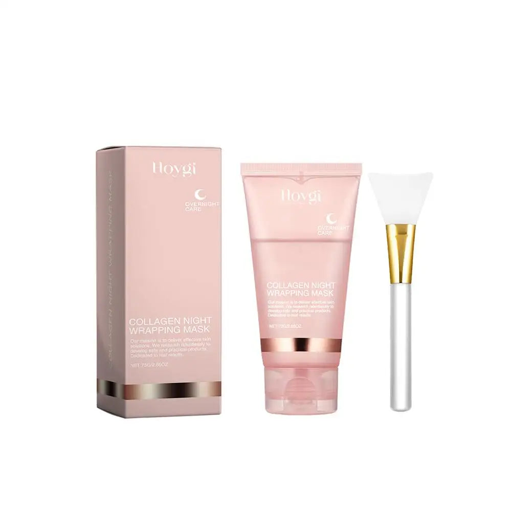 Zora collagen overnight peel-off face mask showing a clear gel mask spread on a woman's face for skincare.