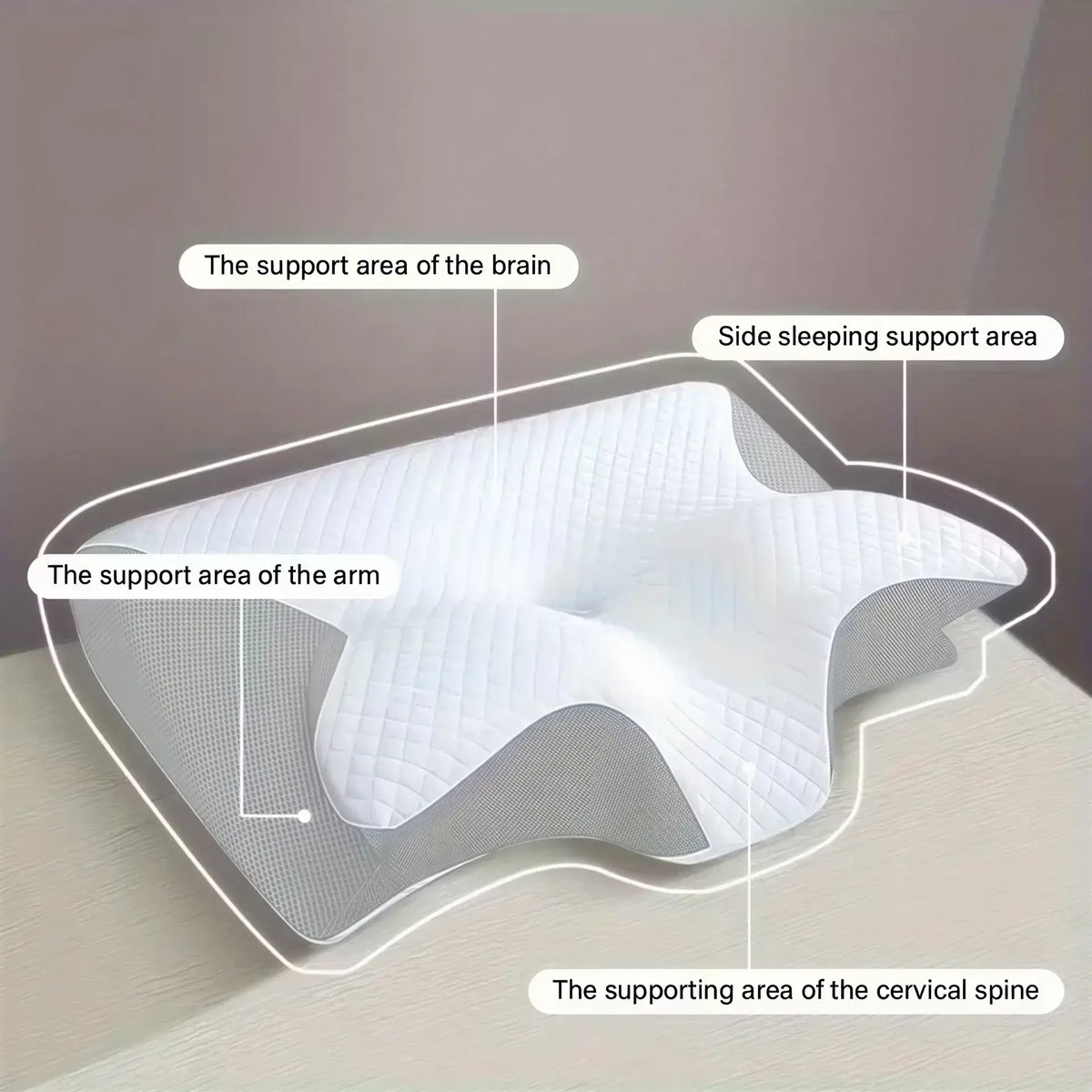 Zora cervical support memory foam pillow for sleeping with ergonomic design and soft pillowcase in neutral color.