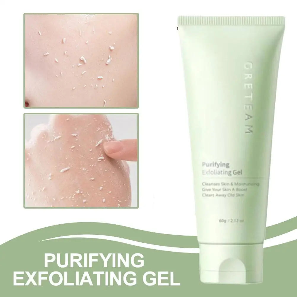 Zora Gentle Face Exfoliating Gel in a clear tube, with a smooth gel texture and fresh botanical ingredients for skincare cleansing
