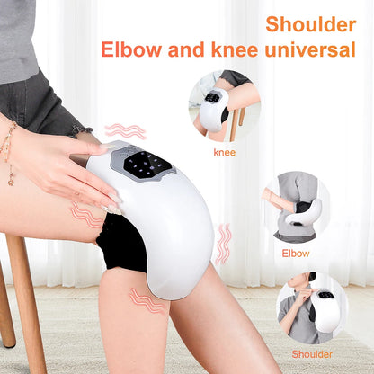 Zora cordless knee massager with heat, compression, and vibration features, shown on a person's knee for soothing relief.