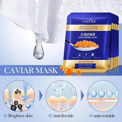 Set of five Zora SADOER Caviar and Hyaluronic Acid facial skincare masks with luxurious packaging and mask sheets for hydrating skin