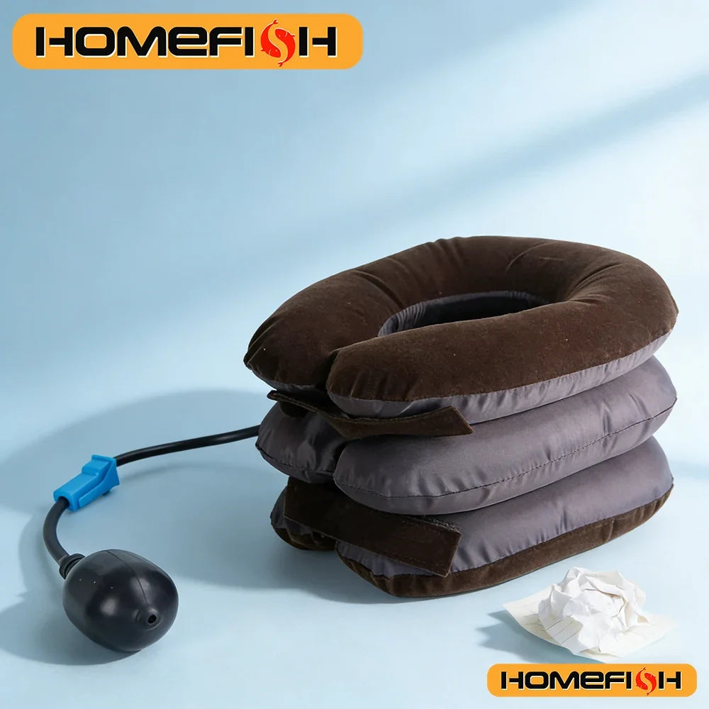 Zora inflatable neck support pillow in light blue with adjustable strap, designed for travel comfort and neck relaxation.