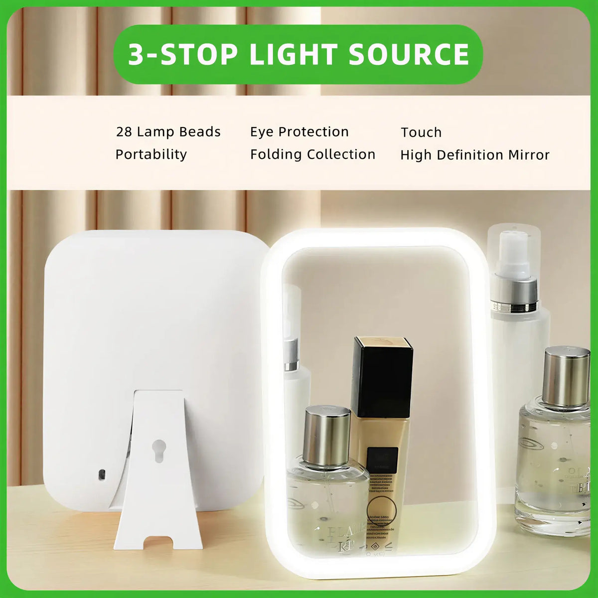 Zora LED Touch Makeup Mirror with adjustable brightness and sleek design, reflecting a close-up of the mirror's illuminated surface.