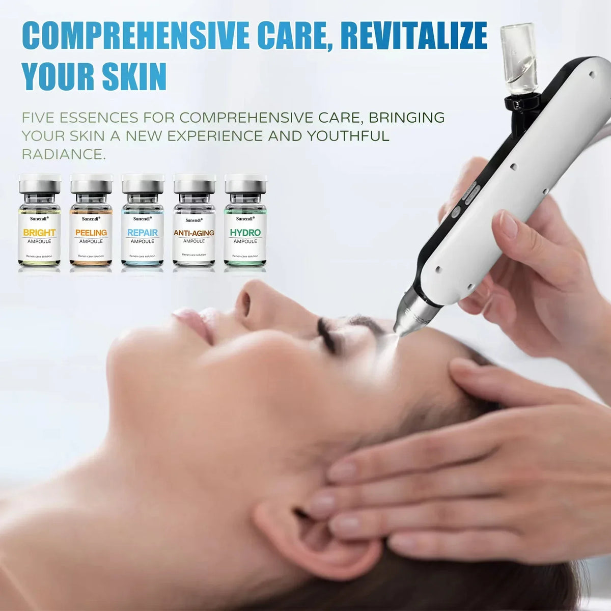 Set of five Zora Jet Peel Facial Ampoule Serums in a skincare ritual, featuring clear glass bottles with dropper caps.