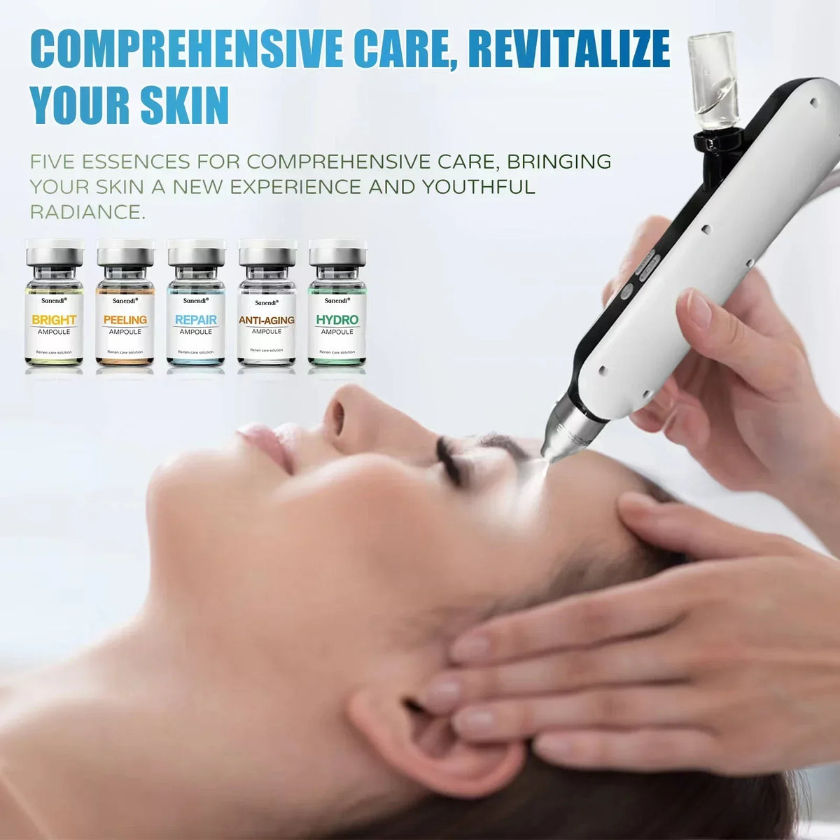Set of five Zora Jet Peel facial ampoule serums for skincare ritual, shown in sleek bottles with dropper applicators.