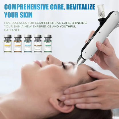 Set of five Zora Jet Peel facial ampoule serums for skincare ritual, shown in sleek bottles with dropper applicators.