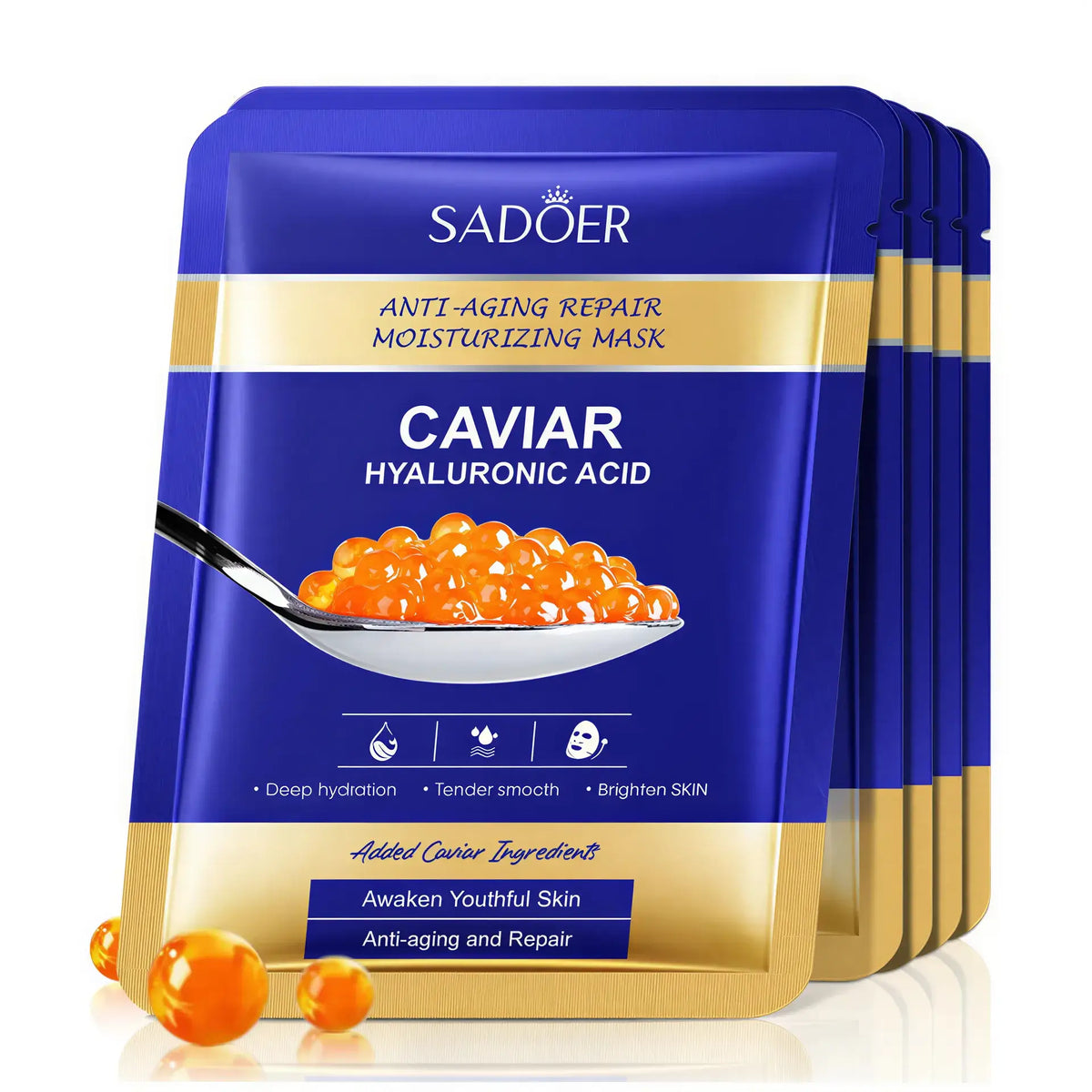 SADOER Caviar and Hyaluronic Acid facial masks by Zora, 5-pack, showing individual skincare mask sheets with luxurious ingredients.