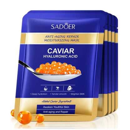 SADOER Caviar and Hyaluronic Acid facial masks by Zora, 5-pack, showing individual skincare mask sheets with luxurious ingredients.