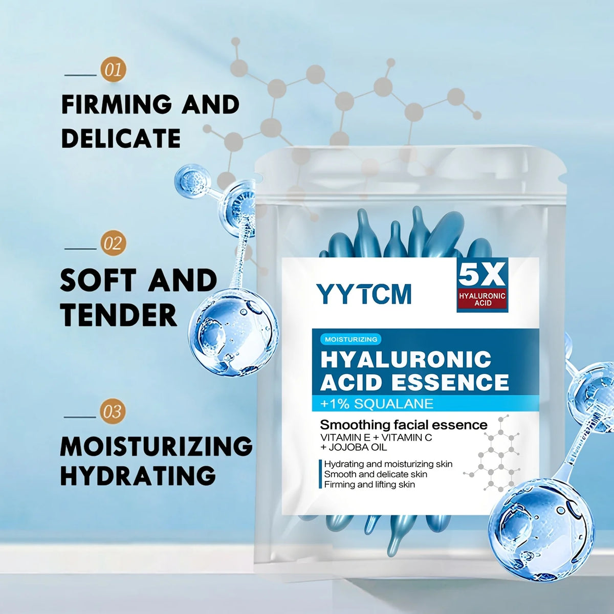Zora Hyaluronic Acid Essence Capsules in a jar, skincare product with small capsules for hydration and skin nourishment.
