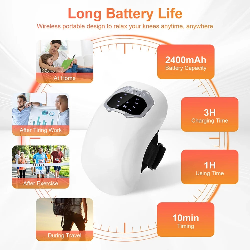 Zora cordless knee massager with heat, compression, and vibration features shown on a user’s knee for pain relief.