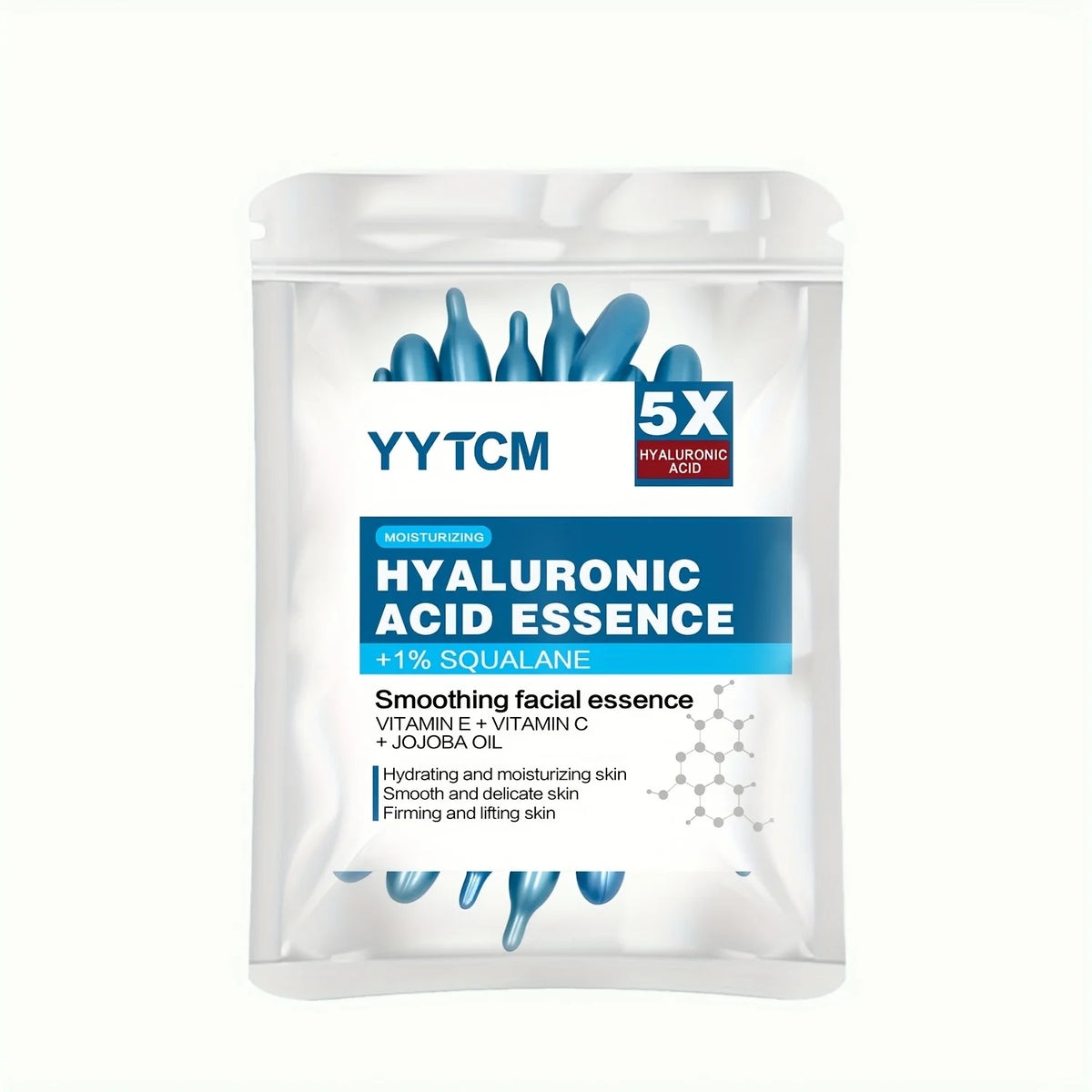 Zora Hyaluronic Acid Essence Capsules for skincare, featuring clear capsules filled with hydrating serum.