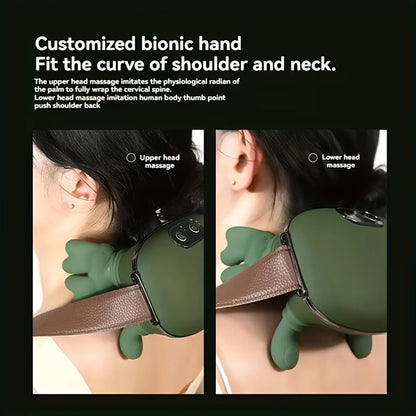 Zora 4D Neck and Shoulder Massager with heat function, showing the device wrapped around a person's shoulders for muscle relief.