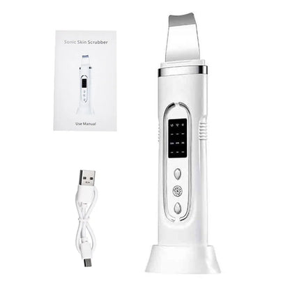 Zora Ultrasonic Facial Skin Scrubber for cleansing and exfoliation, close-up of the sleek beauty device in use.