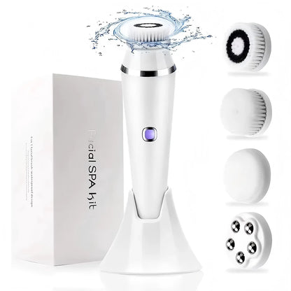 Zora 4-in-1 waterproof electric facial cleansing brush with multiple attachment heads for deep skin cleansing and exfoliation.