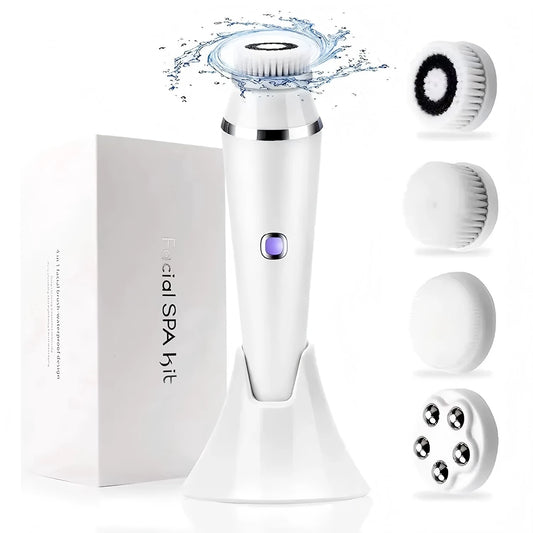 Zora 4-in-1 waterproof electric facial cleansing brush with multiple attachment heads for deep skin cleansing and exfoliation.