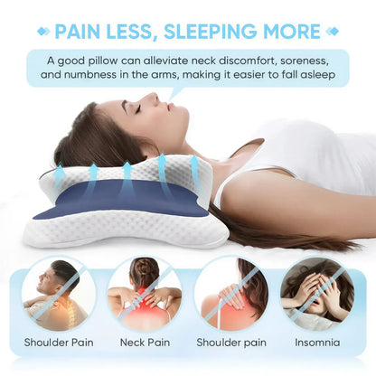 Zora Memory Foam Cervical Pillow with ergonomic design for neck support and comfort, shown on a white background.