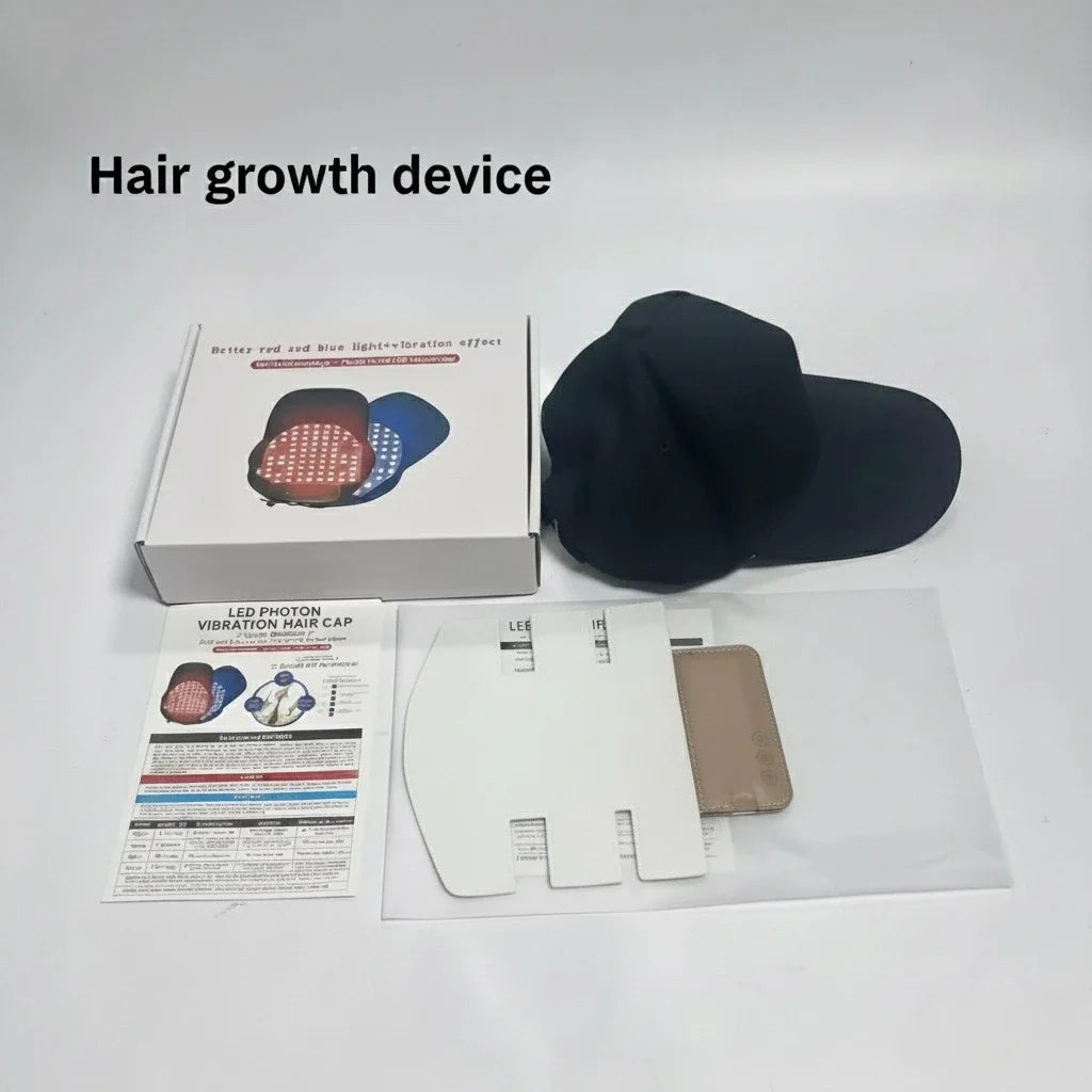 Zora Red Light Hair & Scalp Care Cap showing a black, adjustable cap with red light therapy panels for hair and scalp treatment.