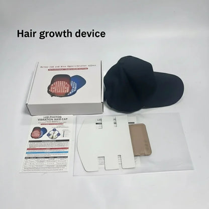 Zora Red Light Hair & Scalp Care Cap showing a black, adjustable cap with red light therapy panels for hair and scalp treatment.