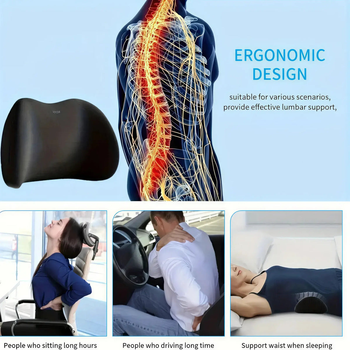 Zora ergonomic memory foam lumbar support cushion for office chairs, with adjustable straps and breathable cover.
