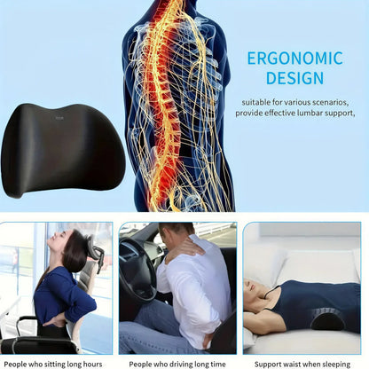 Zora ergonomic memory foam lumbar support cushion for office chairs, with adjustable straps and breathable cover.
