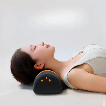 Zora Contour Memory Foam Pillow with ergonomic design for neck support, shown in a bedroom setting with white pillowcase.