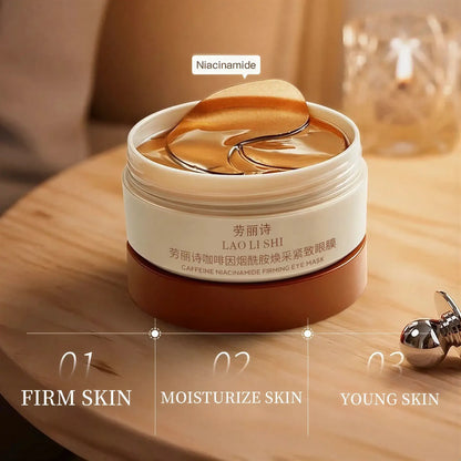 Zora Caffeine + Niacinamide Eye Masks displayed on a white background, showing the eye care product packaging with masks inside.
