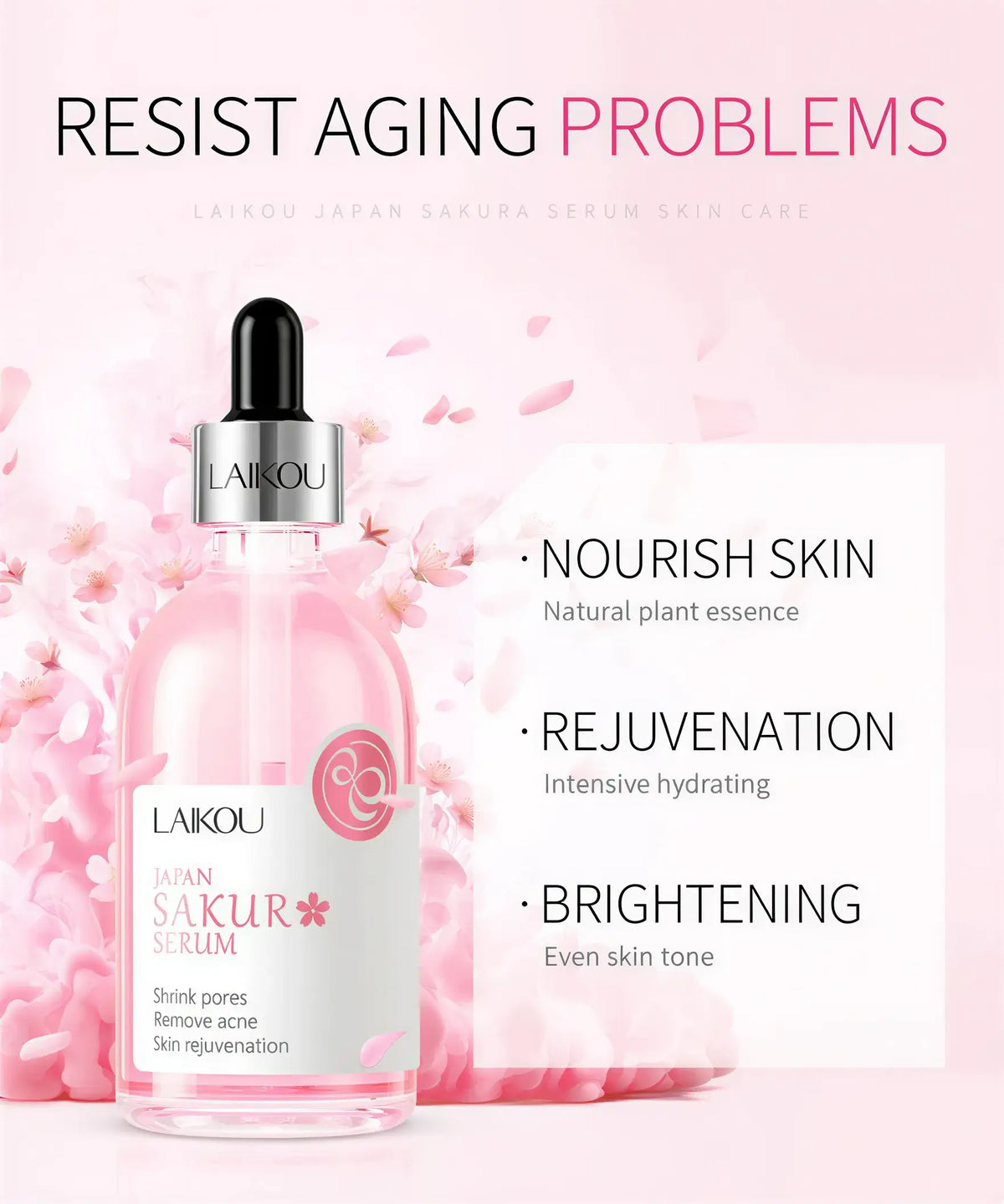 Zora Rose & Sakura Essence Serum bottle showing hydrating face serum for glowing skin, with rose and sakura floral design.