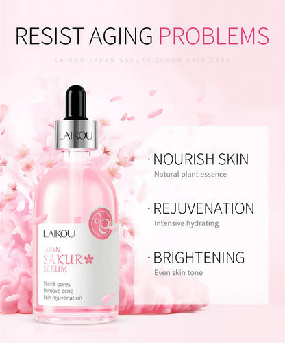 Zora Rose & Sakura Essence Serum bottle showing hydrating face serum for glowing skin, with rose and sakura floral design.