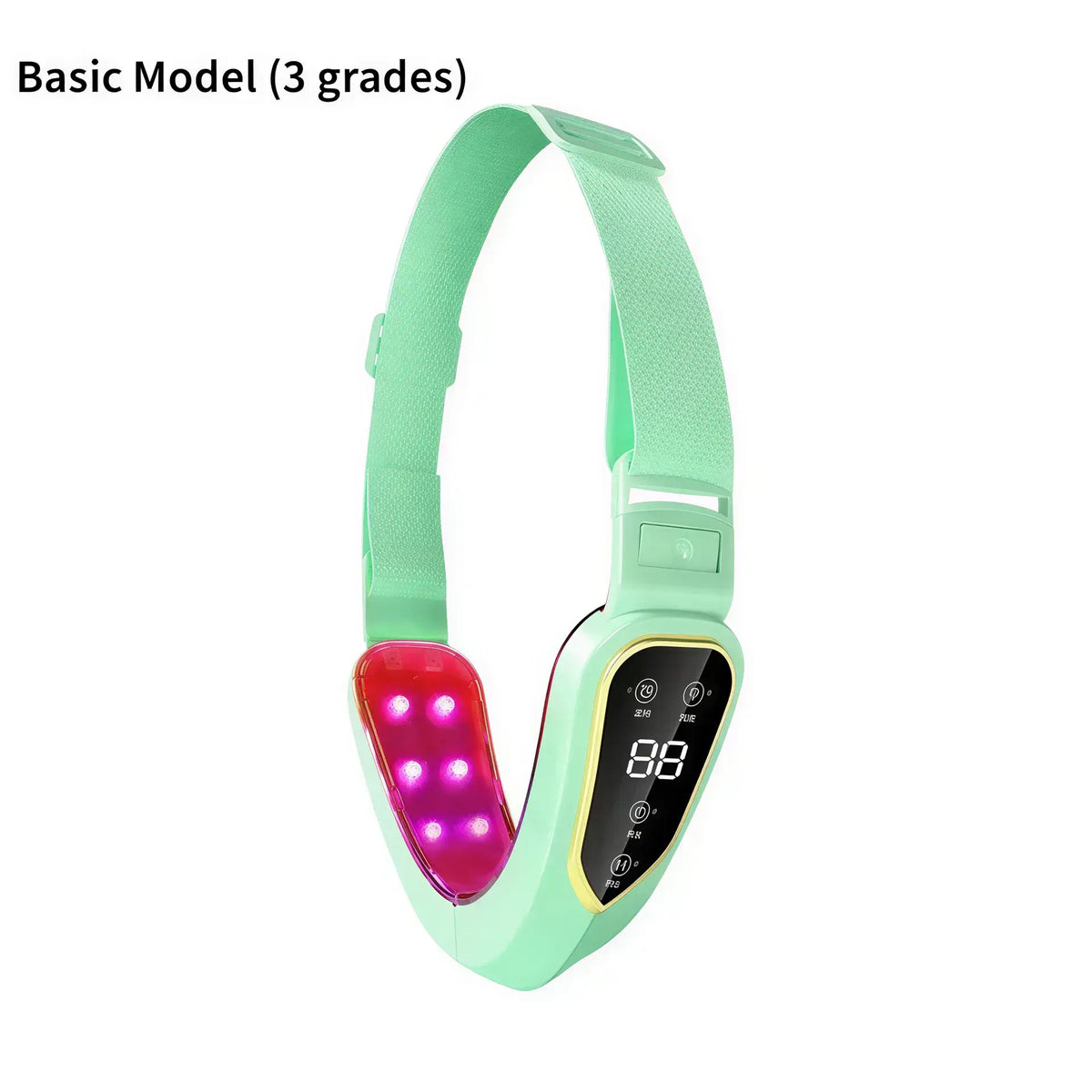 Zora LED facial massage and light therapy belt, black adjustable facial massager with LED light panels for skin rejuvenation.