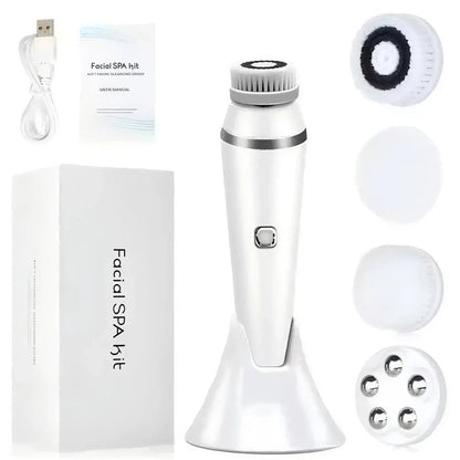Zora 4-in-1 waterproof electric facial cleansing brush with interchangeable heads for deep skin cleansing and gentle exfoliation.