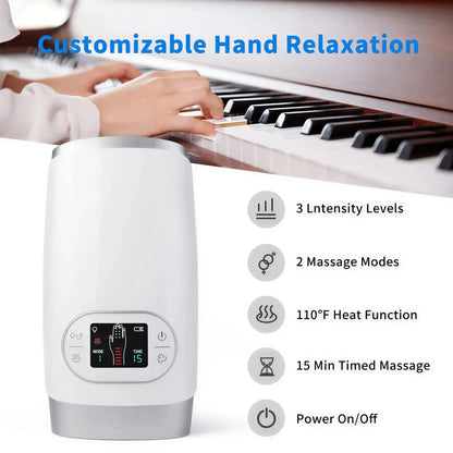 Zora intelligent hand massager with heat and air compression, showing the device wrapped around a person's hand.